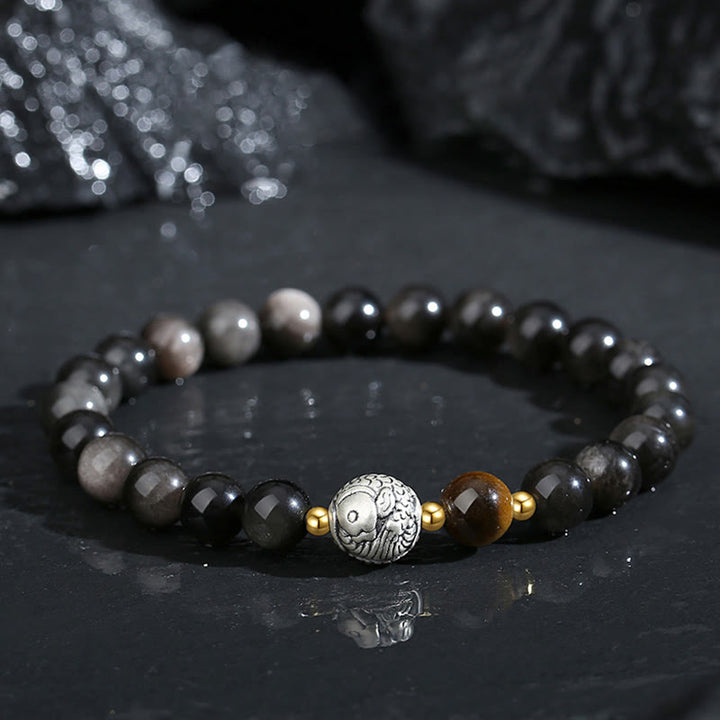 Buddha Stonesブラックオブシディアン 999スターリングシルバー タイガーアイ 925スターリングシルバー 鯉の浄化ブレスレット