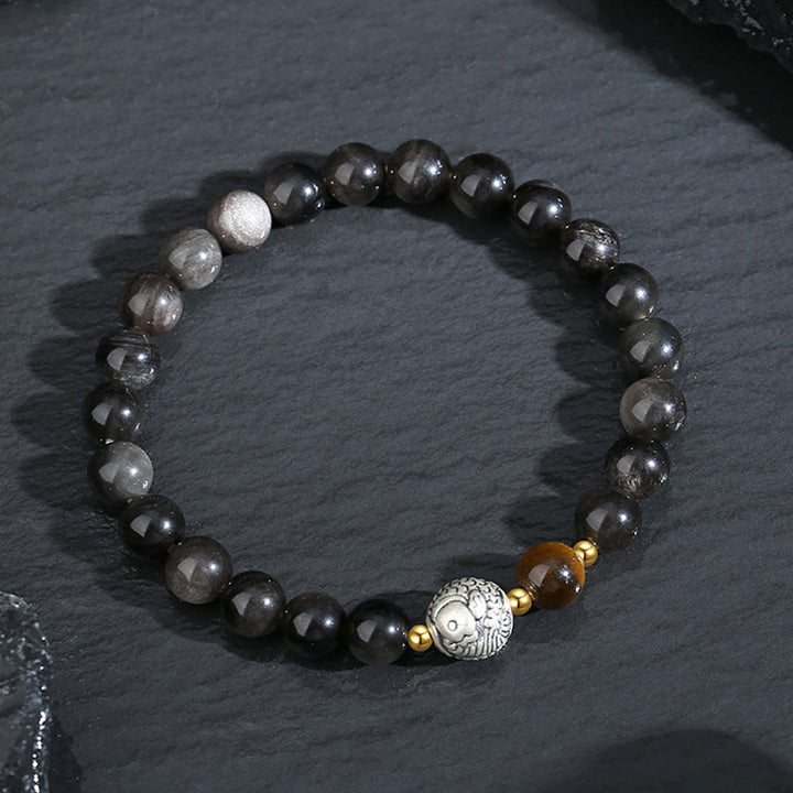 Buddha Stonesブラックオブシディアン 999スターリングシルバー タイガーアイ 925スターリングシルバー 鯉の浄化ブレスレット