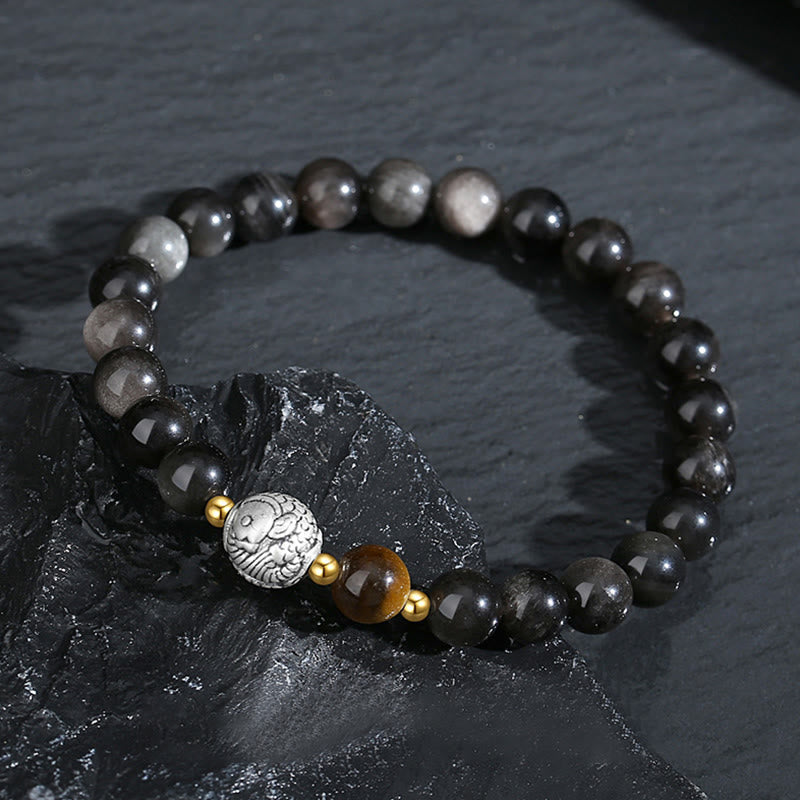 Buddha Stonesブラックオブシディアン 999スターリングシルバー タイガーアイ 925スターリングシルバー 鯉の浄化ブレスレット