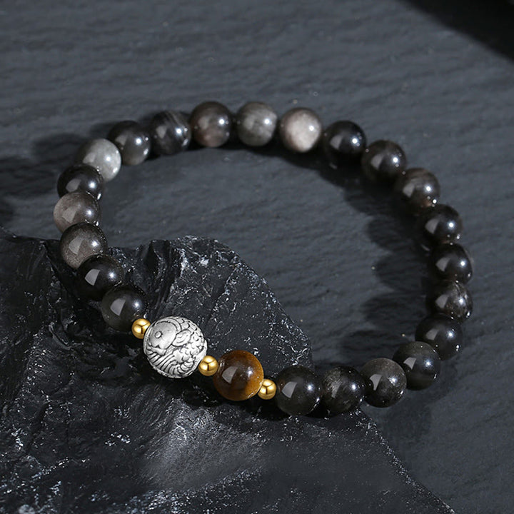 Buddha Stonesブラックオブシディアン 999スターリングシルバー タイガーアイ 925スターリングシルバー 鯉の浄化ブレスレット