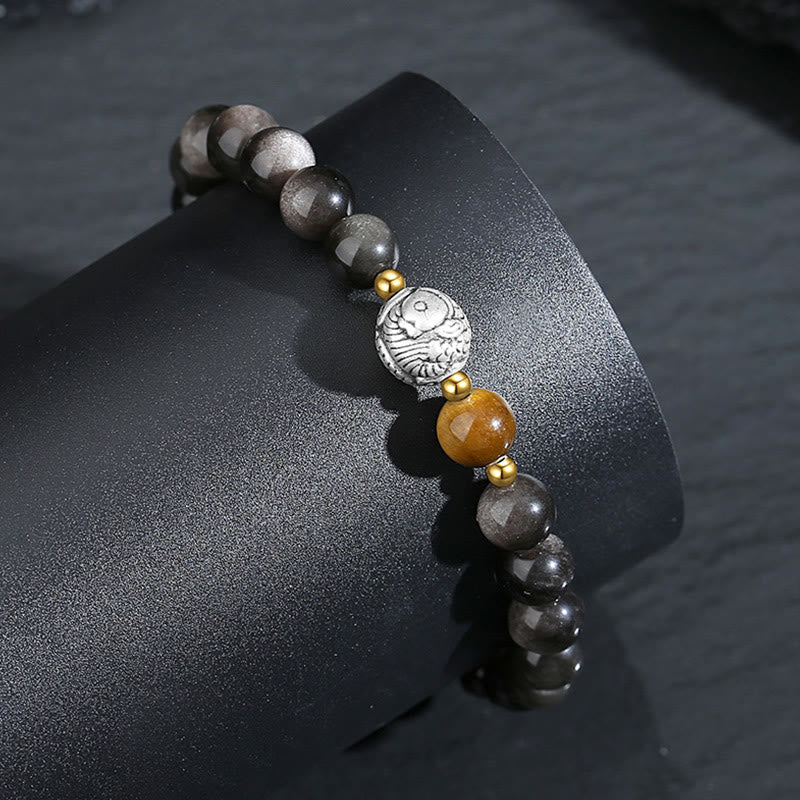 Buddha Stonesブラックオブシディアン 999スターリングシルバー タイガーアイ 925スターリングシルバー 鯉の浄化ブレスレット