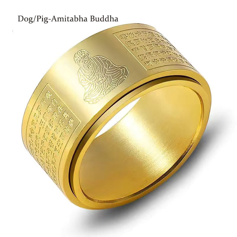 Buddha Stones十二支誕生仏般若心経 彫刻 チタン鋼 落ち着いた回転リング