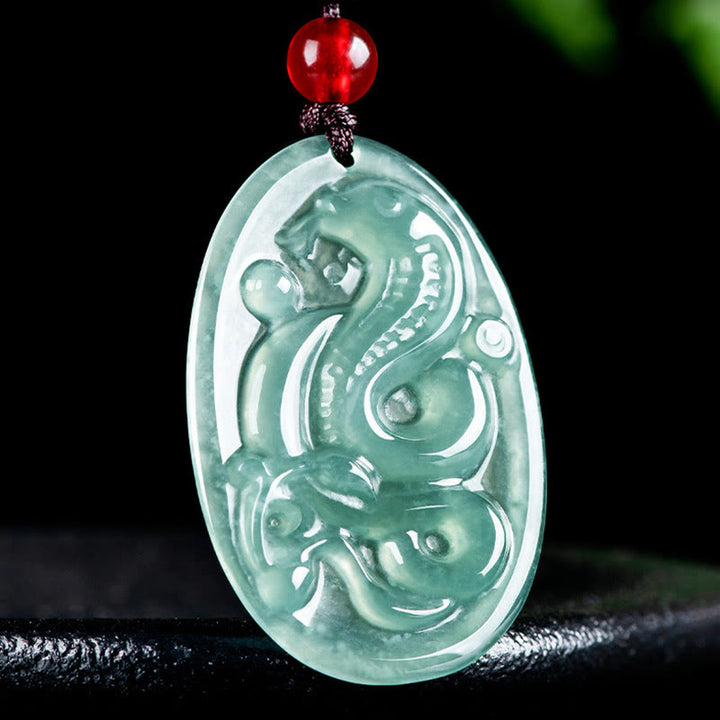 Buddha Stones天然翡翠オーバル蛇年幸運ネックレスペンダント