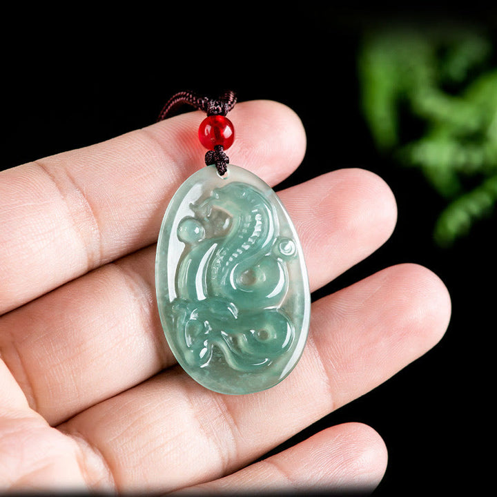 Buddha Stones天然翡翠オーバル蛇年幸運ネックレスペンダント