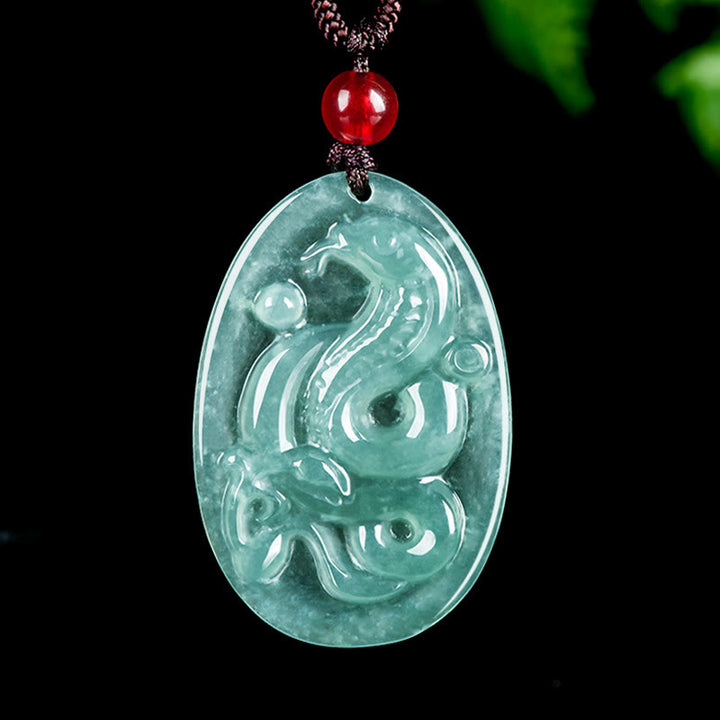Buddha Stones天然翡翠オーバル蛇年幸運ネックレスペンダント