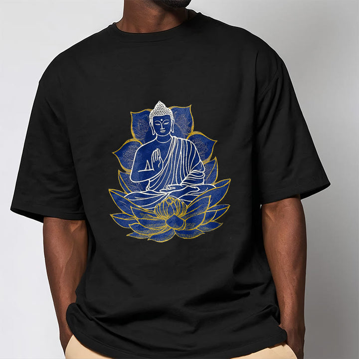 Buddha Stones蓮の上に座る仏陀 コットンTシャツ - image 12