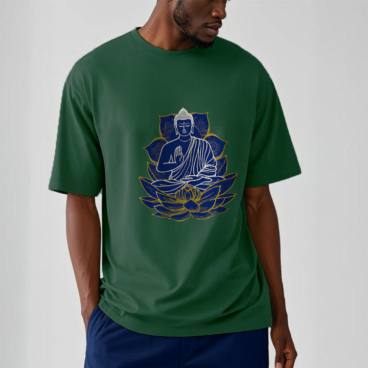 Buddha Stones蓮の上に座る仏陀 コットンTシャツ - image 6