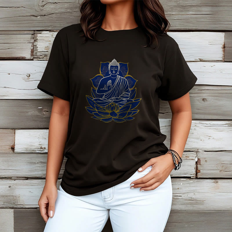 Buddha Stones蓮の上に座る仏陀 コットンTシャツ - image 14