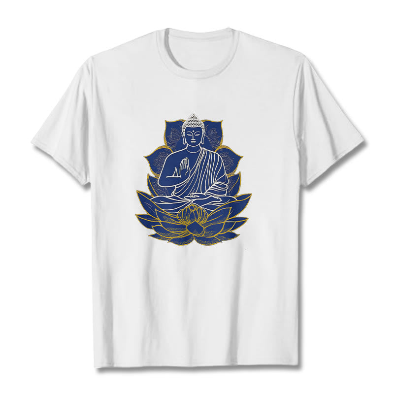 Buddha Stones蓮の上に座る仏陀 コットンTシャツ - 白 - 2XL - image 1