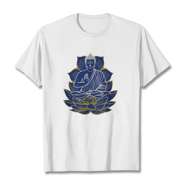 Buddha Stones蓮の上に座る仏陀 コットンTシャツ - 白 - 2XL - image 1