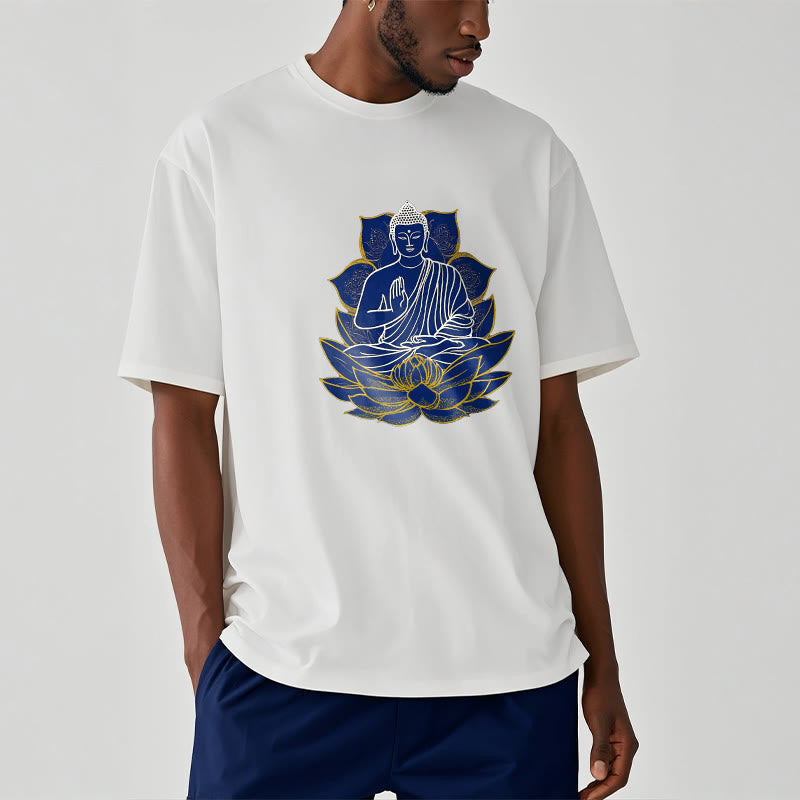 Buddha Stones蓮の上に座る仏陀 コットンTシャツ - image 2