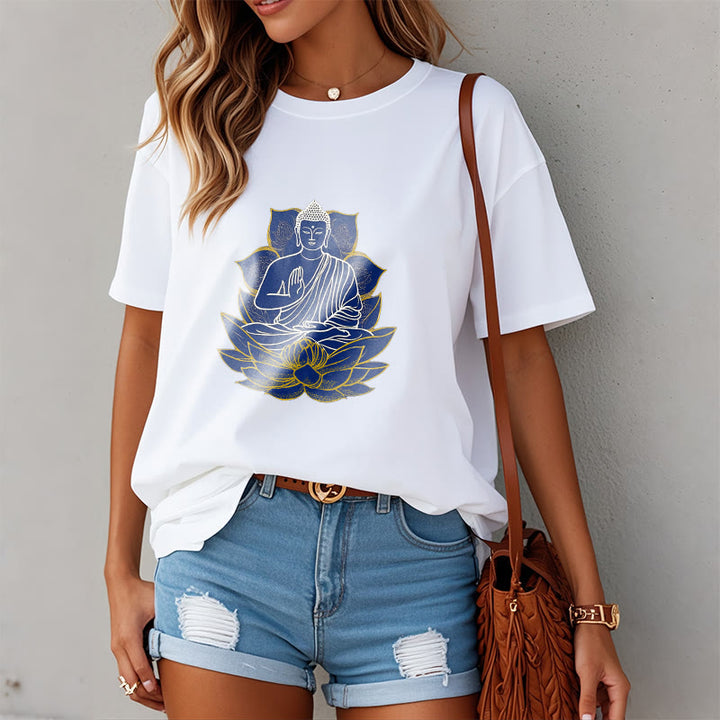 Buddha Stones蓮の上に座る仏陀 コットンTシャツ - image 3