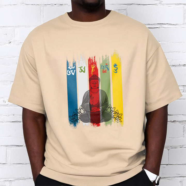Buddha Stones、六つの真実の言葉「オーム・マニ・パドメ・フム」蓮華座に座る仏陀のコットンTシャツ - image 12