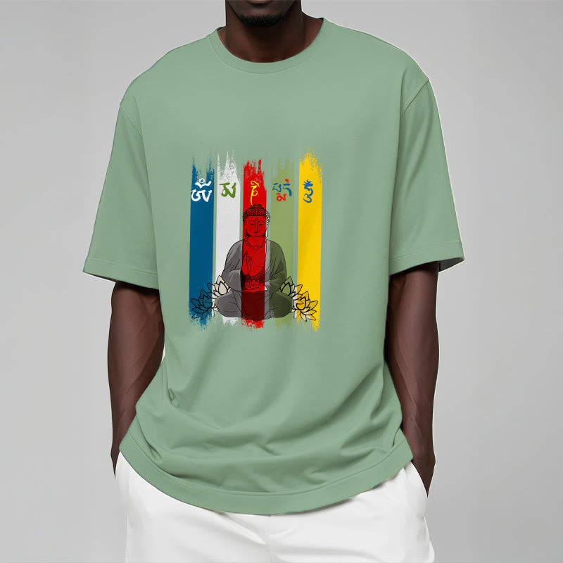 Buddha Stones、六つの真実の言葉「オーム・マニ・パドメ・フム」蓮華座に座る仏陀のコットンTシャツ - image 19