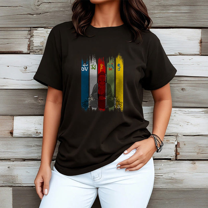 Buddha Stones、六つの真実の言葉「オーム・マニ・パドメ・フム」蓮華座に座る仏陀のコットンTシャツ - image 5