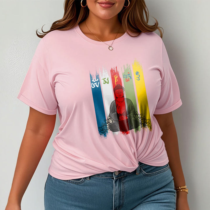 Buddha Stones、六つの真実の言葉「オーム・マニ・パドメ・フム」蓮華座に座る仏陀のコットンTシャツ - image 16