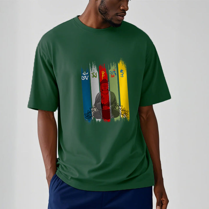 Buddha Stones、六つの真実の言葉「オーム・マニ・パドメ・フム」蓮華座に座る仏陀のコットンTシャツ - image 7