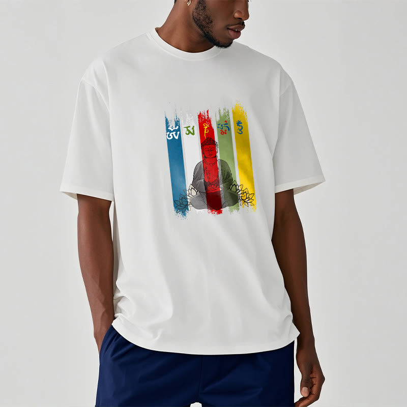 Buddha Stones、六つの真実の言葉「オーム・マニ・パドメ・フム」蓮華座に座る仏陀のコットンTシャツ - image 9