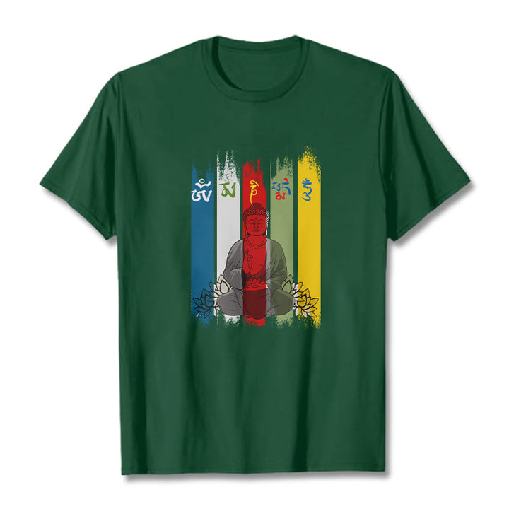 Buddha Stones、六つの真実の言葉「オーム・マニ・パドメ・フム」蓮華座に座る仏陀のコットンTシャツ - フォレストグリーン - 2XL - image 7
