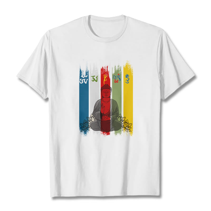 Buddha Stones、六つの真実の言葉「オーム・マニ・パドメ・フム」蓮華座に座る仏陀のコットンTシャツ - 白 - 2XL - image 8