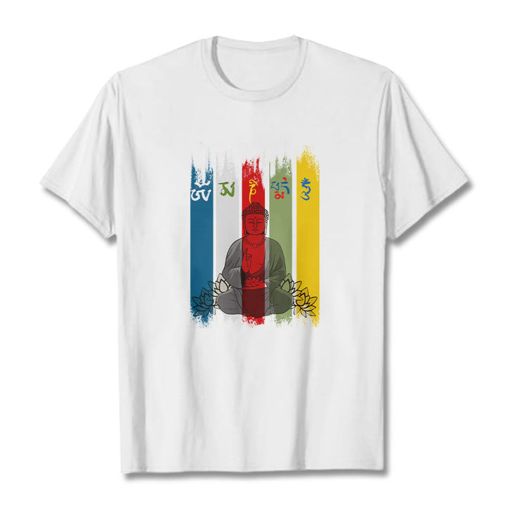 Buddha Stones、六つの真実の言葉「オーム・マニ・パドメ・フム」蓮華座に座る仏陀のコットンTシャツ - 白 - 2XL - image 8