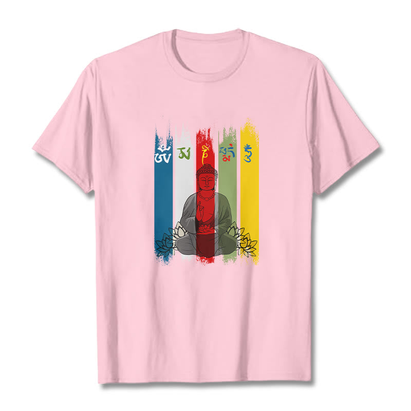 Buddha Stones、六つの真実の言葉「オーム・マニ・パドメ・フム」蓮華座に座る仏陀のコットンTシャツ - ライトピンク - 2XL - image 14