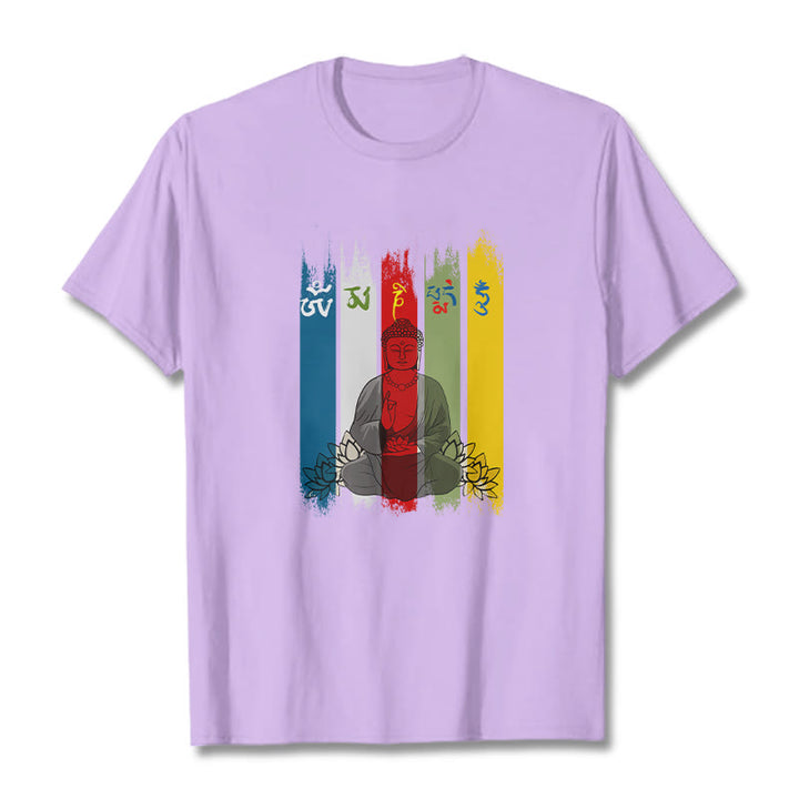 Buddha Stones、六つの真実の言葉「オーム・マニ・パドメ・フム」蓮華座に座る仏陀のコットンTシャツ - 梅 - 2XL - image 16
