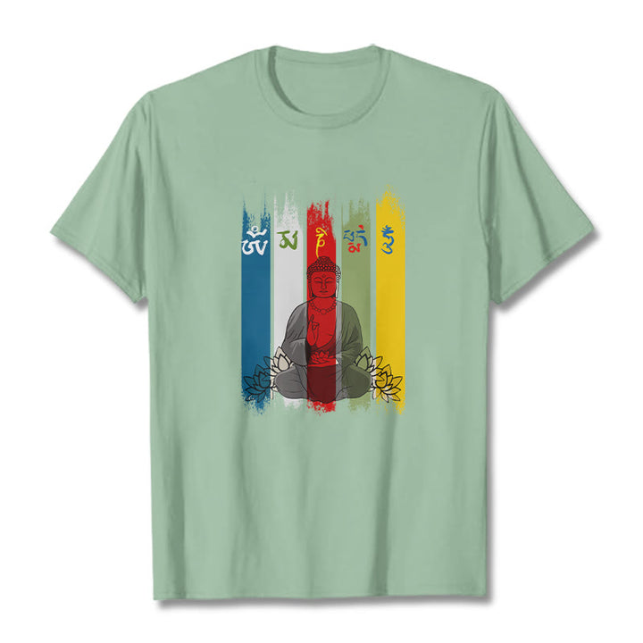 Buddha Stones、六つの真実の言葉「オーム・マニ・パドメ・フム」蓮華座に座る仏陀のコットンTシャツ - 淡い緑色 - 2XL - image 18