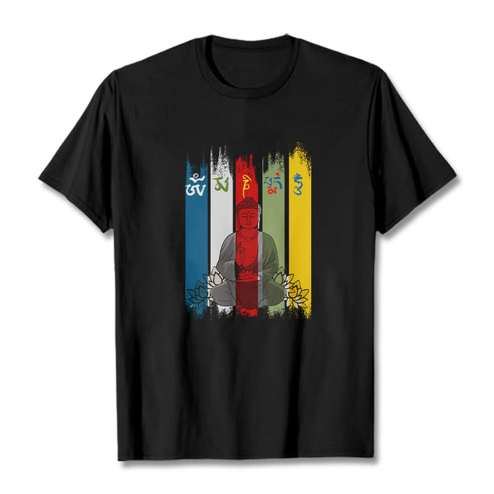 Buddha Stones、六つの真実の言葉「オーム・マニ・パドメ・フム」蓮華座に座る仏陀のコットンTシャツ - 黒 - 2XL - image 2
