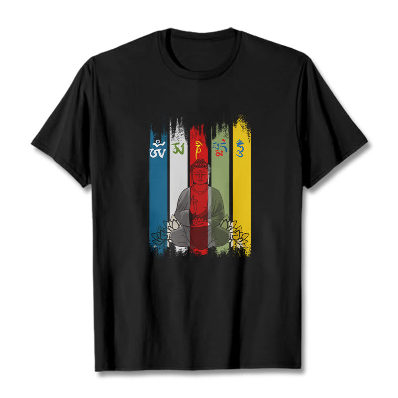 Buddha Stones、六つの真実の言葉「オーム・マニ・パドメ・フム」蓮華座に座る仏陀のコットンTシャツ - 黒 - 2XL - image 3