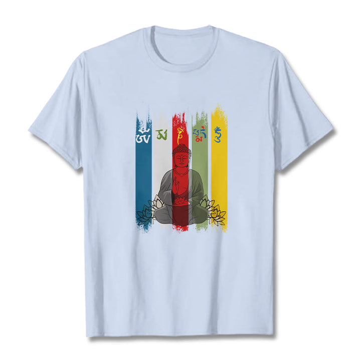 Buddha Stones、六つの真実の言葉「オーム・マニ・パドメ・フム」蓮華座に座る仏陀のコットンTシャツ - ライトシアン - 2XL - image 14
