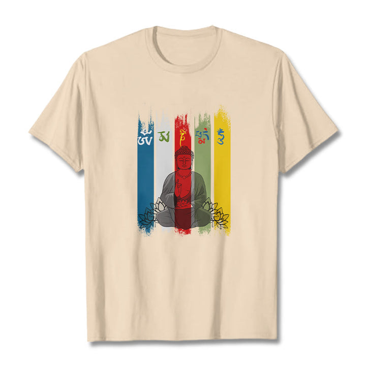 Buddha Stones、六つの真実の言葉「オーム・マニ・パドメ・フム」蓮華座に座る仏陀のコットンTシャツ - ビスク - 2XL - image 11