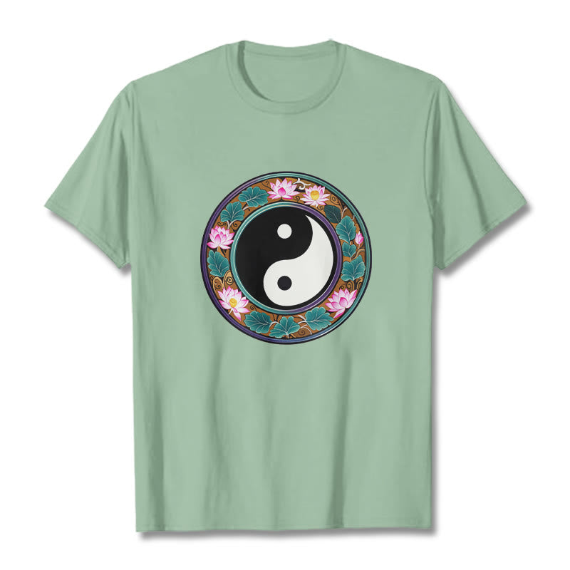 Buddha Stones、陰陽、蓮の葉のコットンTシャツ - ペールグリーン - 2XL - image 1
