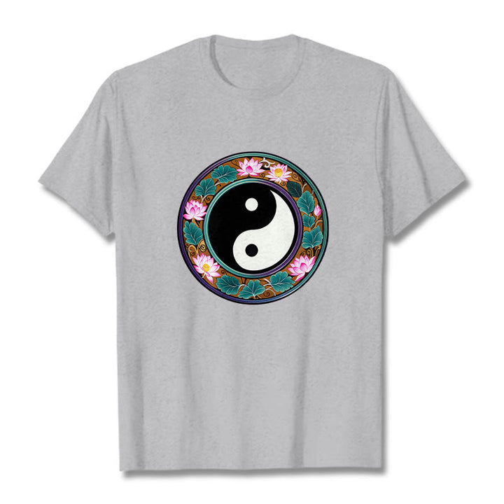 Buddha Stones、陰陽、蓮の葉のコットンTシャツ - ライトグレー - 2XL - image 13