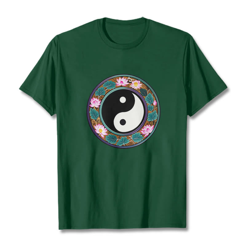 Buddha Stones、陰陽、蓮の葉のコットンTシャツ - フォレストグリーン - 2XL - image 8