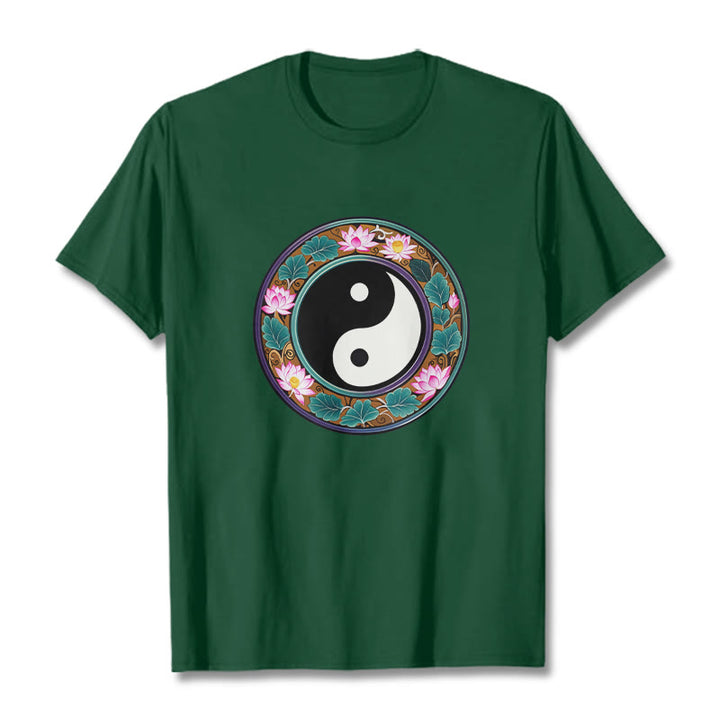 Buddha Stones、陰陽、蓮の葉のコットンTシャツ - フォレストグリーン - 2XL - image 8