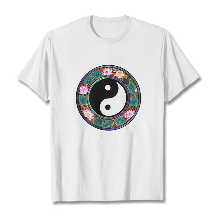Buddha Stones、陰陽、蓮の葉のコットンTシャツ - 白 - 2XL - image 10