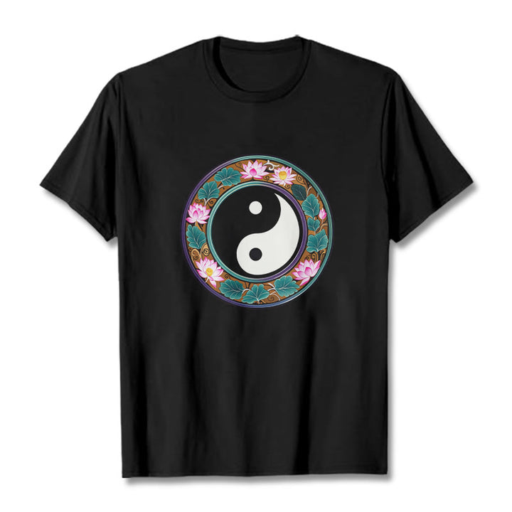 Buddha Stones、陰陽、蓮の葉のコットンTシャツ - 黒 - 2XL - image 4