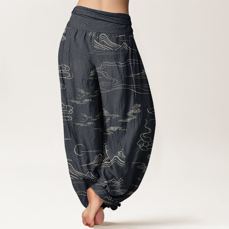 Buddha Stones、山、月、吉兆の雲模様のレディース伸縮性ウエストハーレムパンツ - image 3
