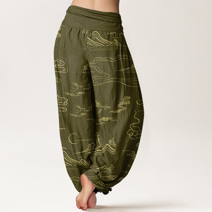Buddha Stones、山、月、吉兆の雲模様のレディース伸縮性ウエストハーレムパンツ - image 7