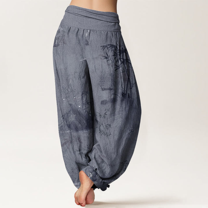 Buddha Stonesカジュアル竹岩水墨画レディース伸縮性ウエストハーレムパンツ - image 3