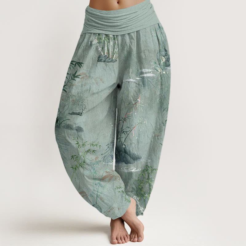 Buddha Stonesカジュアル竹岩水墨画レディース伸縮性ウエストハーレムパンツ - ダークシーグリーン - US22、 UK/AU26、 EU54 (6XL) - image 8