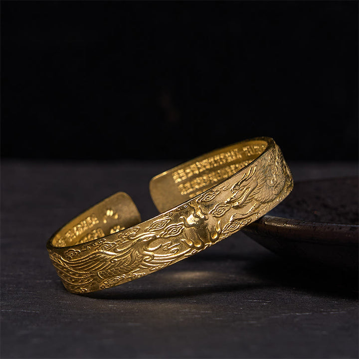 Buddha Stones、龍と鳳凰、真珠と戯れる般若心経彫刻、銅真鍮製幸運ブレスレットバングル