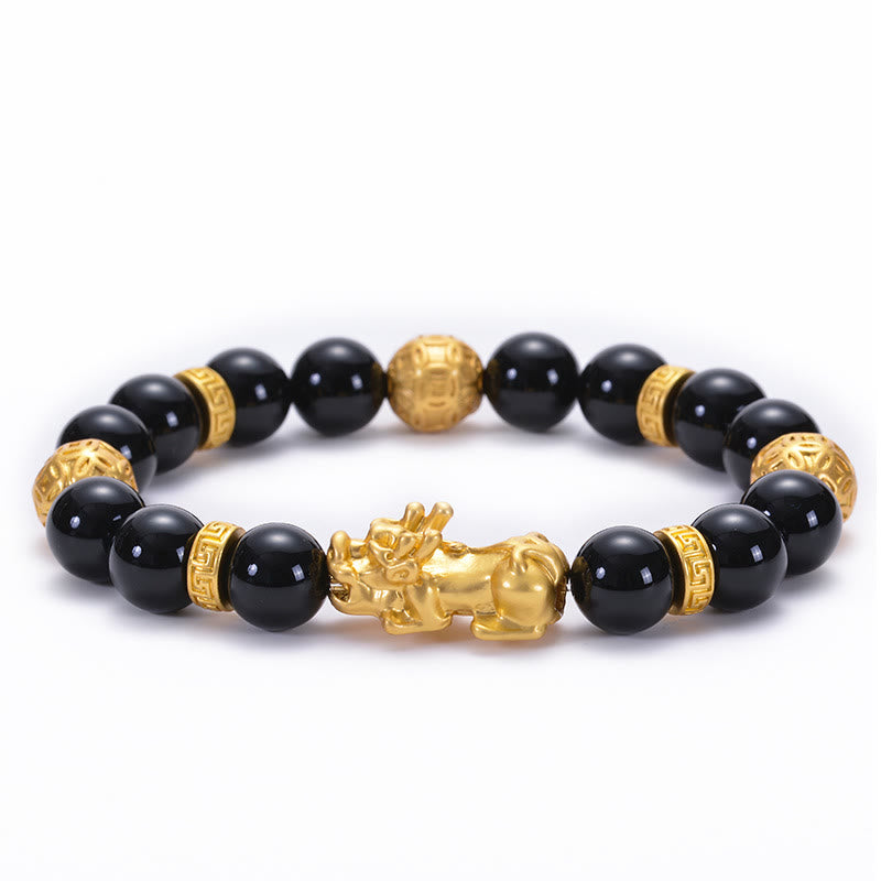Buddha Stones黒曜石 ブラックオニキス 合金 貔貅オーム・マニ・パドメ・フム強さブレスレット