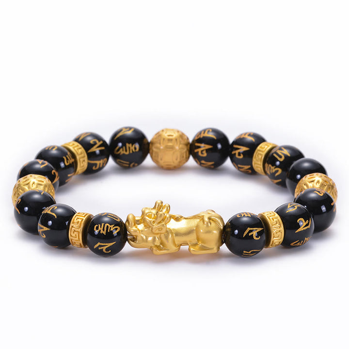 Buddha Stones黒曜石 ブラックオニキス 合金 貔貅オーム・マニ・パドメ・フム強さブレスレット
