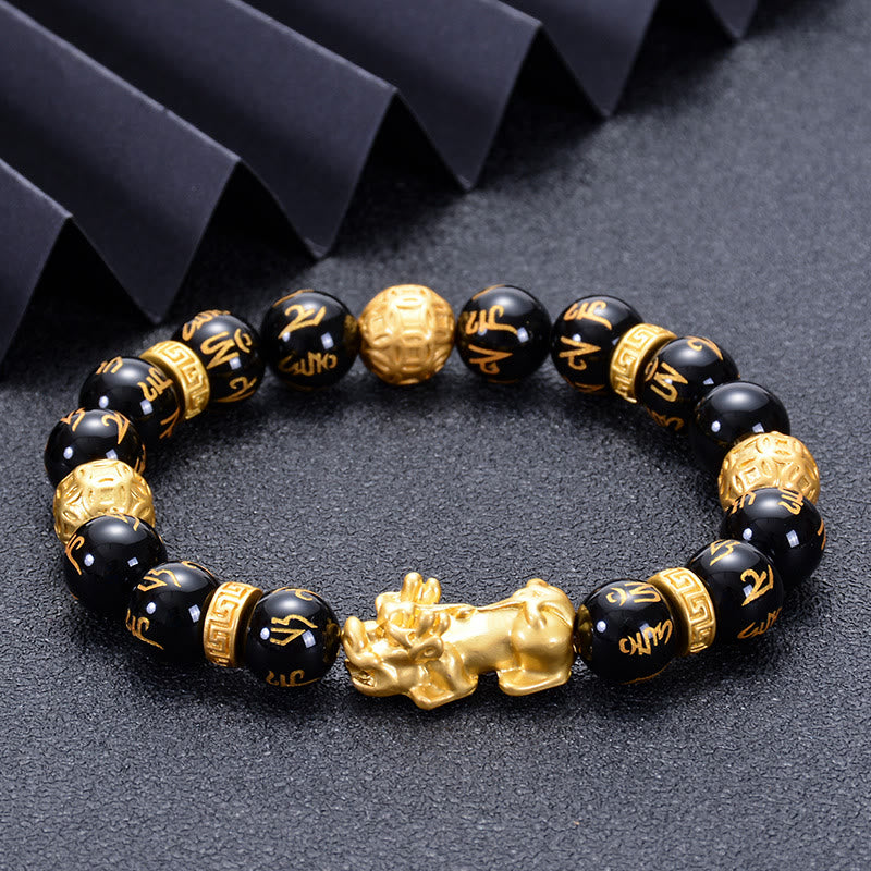 Buddha Stones黒曜石 ブラックオニキス 合金 貔貅オーム・マニ・パドメ・フム強さブレスレット