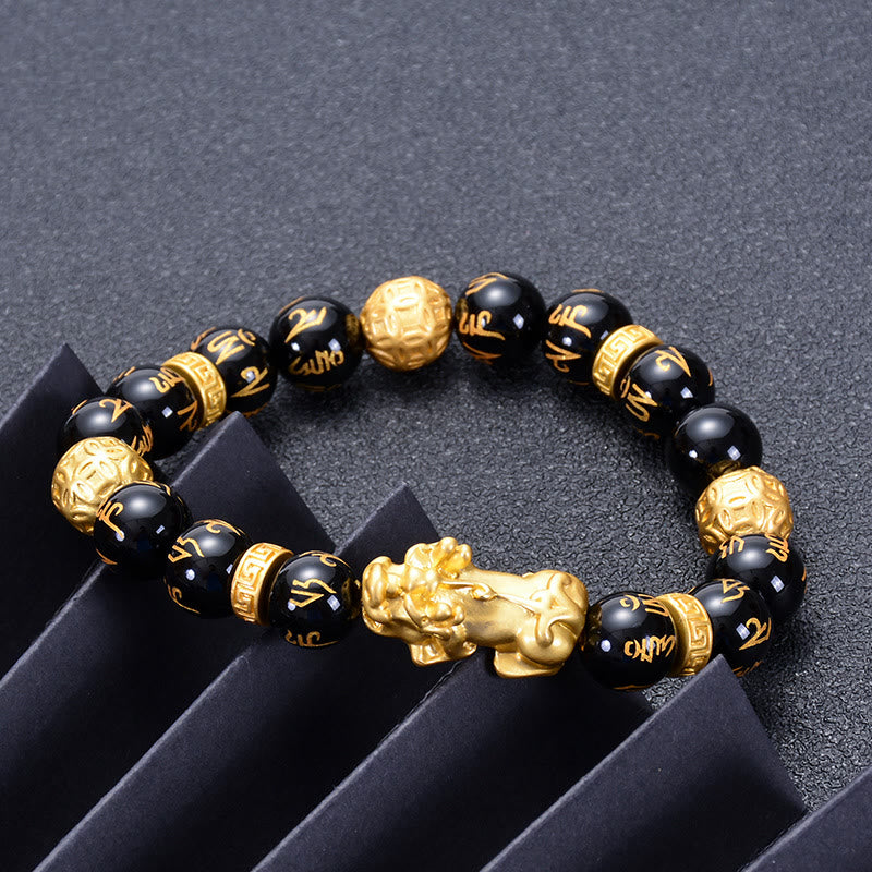 Buddha Stones黒曜石 ブラックオニキス 合金 貔貅オーム・マニ・パドメ・フム強さブレスレット