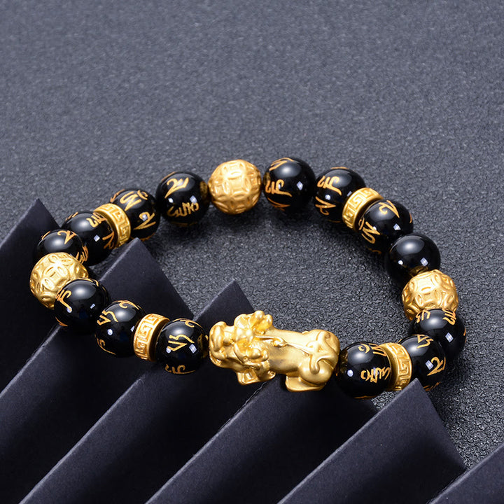 Buddha Stones黒曜石 ブラックオニキス 合金 貔貅オーム・マニ・パドメ・フム強さブレスレット