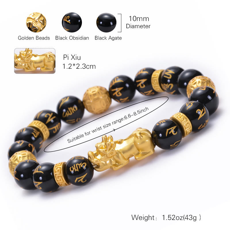 Buddha Stones黒曜石 ブラックオニキス 合金 貔貅オーム・マニ・パドメ・フム強さブレスレット