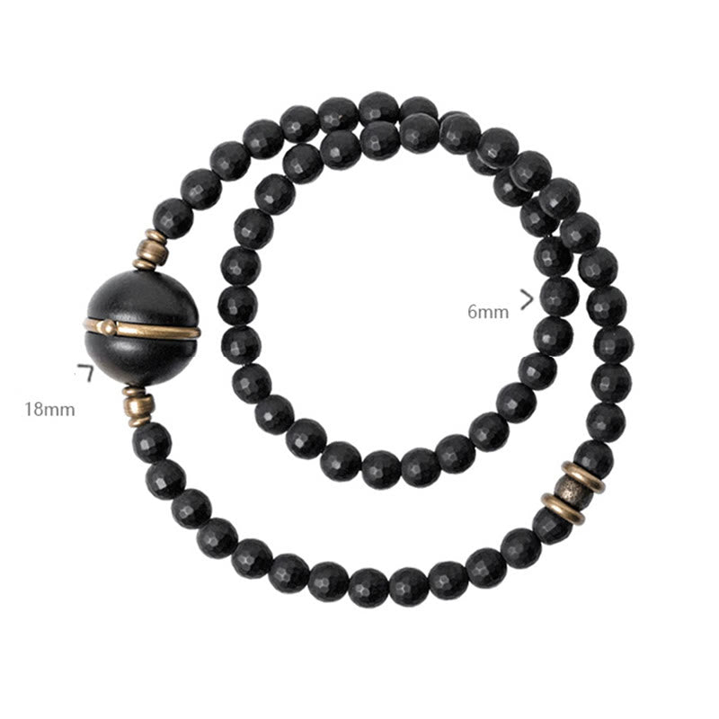 Buddha Stonesつや消しカット面 ブラックオニキス 黒檀ビーズ ダブルラップ保護ブレスレット
